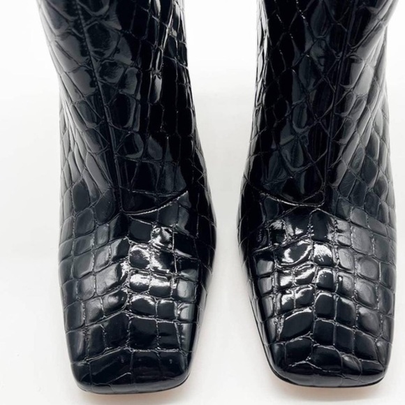 NIB Good American Black Patent Croc Leather Boots Square Toe Ankle Booties Sz 9 - Picture 4 of 13